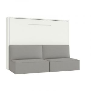 Les Tendances - Lit escamotable 160x200 avec canap&eacute; tissu Logia-Canap&eacute; Gris clair-Structure et Fa&ccedil;ade Blanche-Version lit+canap&eacute;