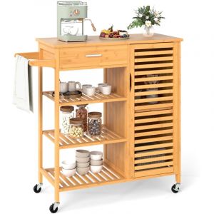 Desserte de Cuisine Roulant en Bambou avec Tiroir, 3 &Eacute;tag&egrave;res Ouvertes, 1 Armoire &agrave; Porte, Porte-serviettes, Roulettes Verrouillables, 91 x 44 x 89 cm