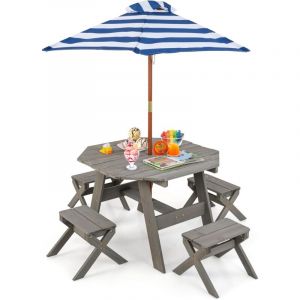 Table de Pique-Nique Enfant avec Parasol Amovible & R&eacute;glable, Table de Jardin Ext&eacute;rieur Octogonale avec 4 Tabourets, Charge 100kg pour 4 Enfants de 3