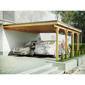 Carport Adosse Bois riverside - 2 Voitures - 548 x 550 - Abris Voiture - Feutre Bitumeux sur les Voliges - Bandeau de Finition - Toit Plat