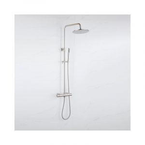Fortifura Calvi Colonne de douche thermostatique - pomme de douche 25cm - flexible en m&eacute;tal - douchette stylo - inox bross&eacute; PVD