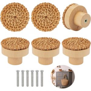 Pi&egrave;ces Boutons de Meuble en Rotin Bois, Poign&eacute;e Meuble Bois, Bouton de Tiroir, Boutons de Portes pour Placards, Boutons de Meuble Rond en Bois,