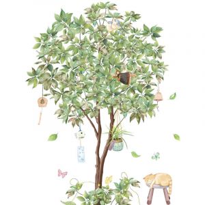 BEBUSINGOTO 1pc grandes feuilles vertes arbre sticker mural carillons &eacute;oliens stickers muraux peler et coller chat oiseau mur art d&eacute;calcomanie pour