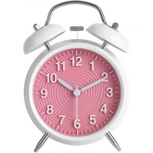 Feiyue - Réveil à double cloche de 4 pouces, horloge de chevet anti-tic-tac, horloge de voyage rétro avec veilleuse - Rose