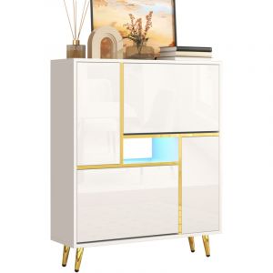 Armoire &agrave; chaussures moderne, Armoire &agrave; chaussures blanche avec face haute brillance et lumi&egrave;re LED 16 couleurs (80 x 25 x 96 cm)