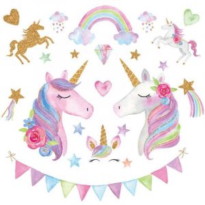 Stickers Muraux Licorne Arc-en-Ciel Autocollants Muraux Mural Stickers Nuages &Eacute;toile pour Chambre B&eacute;b&eacute; Fille Salon Garderie