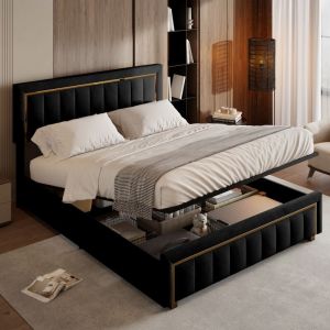 Lit 2 Personnes 140 x 200 avec tête de lit et rangement sous le lit, lit coffre moderne avec tête de lit décorative à bordure dorée, cadre de lit