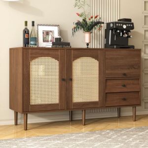 Urban Meuble - Buffet vintage effet bois avec portes en rotin 2 portes 2 tiroirs 130x75,5x40cm