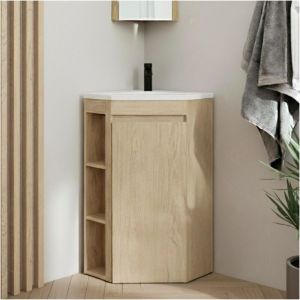 Ensemble meuble sous vasque d'angle sur pieds avec vasque en r&eacute;sine et robinet noir