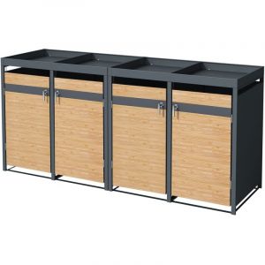 Box pour 4 Poubelles avec Toit Végétal, jusqu'à 240L, 264x80x124 cm, en Acier, Anthracite/Aspect Mélèze, Résistant aux Intempéries, Habillage de