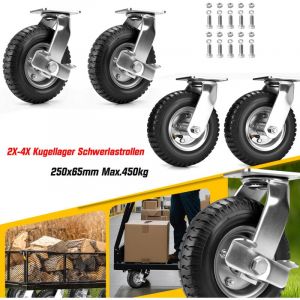 Lot de 4 &Oslash; 250 mm Roulette Pivotantes Gonflable+ Roulette &agrave; frein, Charge 450Kg max, 360&deg; Roues Pneumatiques, pour Manutention et Transport