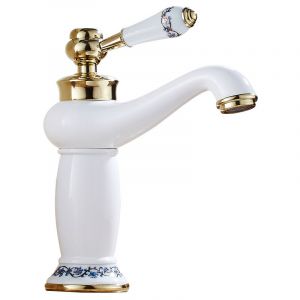 Ahlsen - Céramique Antique Laiton Robinet Lavabo De La Salle De Bains Robinet Bleu Et Blanc En Porcelaine à Long Cou Vintage Robinet Mitigeur Évier