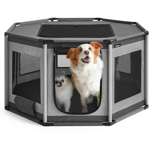 Feandrea &ndash; Parc pour chien octogonal en tissu Oxford &ndash; Dimensions 112 x 112 x 62 cm &ndash; Cadre en PVC &ndash; Filet respirant &ndash; Pochette de rangement gris