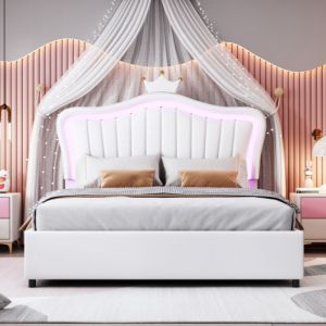 Lit 140x200cm - lit coffre enfant avec sommier et t&ecirc;te de lit avec couronne - cuir - blanc