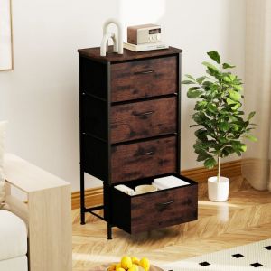 Commode &agrave; 4 Tiroirs Tour de Rangement en Tissu avec Dessus en Bois Poign&eacute;e et Cadre M&eacute;tallique Robuste Commode &agrave; Tiroirs Marron Rustique