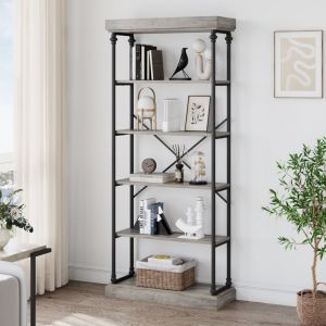Hoerfuriy - Bibliothèque à 5 Niveaux, étagère à Livres sur Pied, étagère en Bois et Cadre en Acier Stable ,80x30x187CM,Étagère de Rangement