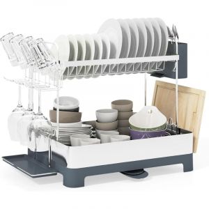 COSTWAY &Eacute;gouttoir &agrave; Vaisselle en Acier Inoxydable, &Eacute;gouttoir &agrave; Vaisselle &agrave; 2 Niveaux avec Bac d'&Eacute;gouttage, Seau & Porte-Couverts, Bec Extensible et