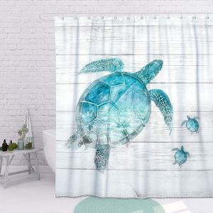Rideau de douche bleu turquoise Motif tortue de mer Style maison de campagne Couleur bois Oc&eacute;an Mer Animal Salle de bain vintage Imperm&eacute;able Lavable
