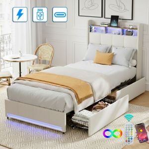 Lit 2 double 90x200 cm avec tiroirs, t&ecirc;te de lit avec rangement et &eacute;clairage LED, ports USB + Type-C, tissu lin, sommier &agrave; lattes, Lit 2 places