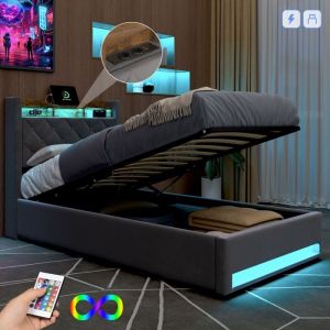 Lit coffre 90x190 cm avec tête de lit de rangement en mdf, led et port usb de recharge, en velours néerlandais, gris foncé, sans matelas