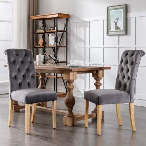 Chaise salle &agrave; manger velours pack de 2 avec pieds ch&ecirc;ne, d&eacute;tails chrom&eacute;s et design confortable pour cuisine, salon ou chambre, couleur grise.