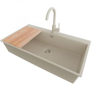 PRIMAGRAN Evier Cuisine en Granit 88x50cm,Lavabo 1 bac + Robinet 32x20cm + Kit de Vidage + Planche à Découper, Évier à Encastrer au meuble 90cm