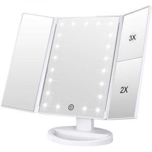 Miroir de Maquillage, 1x /2x/3x Miroir de Maquillage à Trois Volets avec lumières LED et Miroir réglable à écran Tactile Miroirs de comptoir