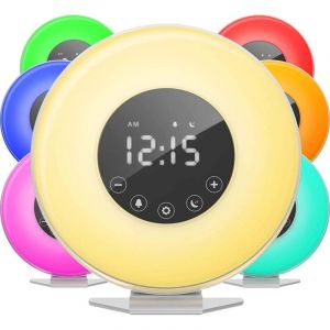 R&eacute;veil Sunrise - Horloge LED num&eacute;rique avec interrupteur 6 couleurs et radio FM pour les chambres - Simulation de plusieurs sons de la nature et