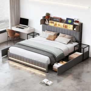 Lit double 140 x 200, lit adulte 140x200 avec 4 tiroirs, avec port USB et LED, rangement t&ecirc;te de lit, tiroir de rangement, lin gris