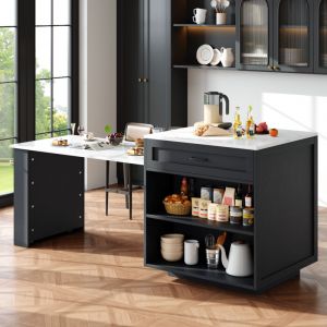 Table de bar extensible avec rangement, avec deux tiroirs et quatre compartiments, pour 2-6 personnes, 133-202&times;70&times;93.5 cm, noir