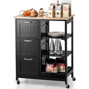 Desserte de Cuisine avec 3 Tiroirs 67x37x82,5CM Chariot de Service avec Plateau Amovible et Comptoir en bois d'hévéa Noir - Costway