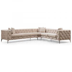 Canap&eacute; d'angle gauche capitonn&eacute; velours beige clair et pieds chrom&eacute;s Herakles 270cm