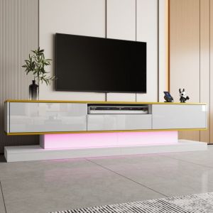 Modfu - Meuble tv blanc, 180 x 38 x 45 cm moderne laqué brillant avec 3 tiroirs, niche ouverte et éclairage led changeant, rangement pratique pour