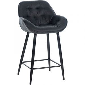 D&eacute;coshop26 - Tabouret de bar chaise haute x1 assise effet capitonn&eacute;e en tissu gris fonc&eacute; et m&eacute;tal noir 100004900