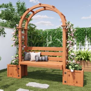 Banc pergola avec 2 bacs &agrave; fleurs et treillis arqu&eacute; 160x30,5x160 cm, rangement, bois massif naturel