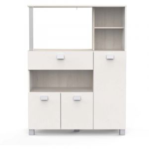 Desserte de cuisine meuble micro-ondes couleur acacia / blanc mat - Largeur 99,3 x Profondeur 41,3 x Hauteur 132,2 cm