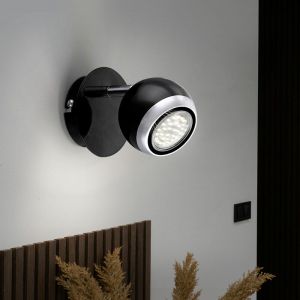 Applique spot mural en m&eacute;tal chrom&eacute; spot led orientable, spot mobile, design anneau noir, 1x led 3W 250 lm blanc chaud, h 11,5 cm