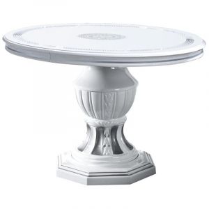 Table &agrave; manger ronde extensible bois vernis laqu&eacute; brillant blanc et gris Vinza 110 &agrave; 160cm