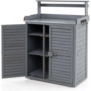 COSTWAY Armoire Jardin Bois, Armoire Exterieur avec Plan de Travail en M&eacute;tal, 3 Crochets, Etag&egrave;res Amovibles, Portes &agrave; Persiennes, Table de