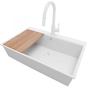 PRIMAGRAN Evier Cuisine en Granit 78x50cm, Lavabo 1 bac + Robinet 40x20cm + Kit de Vidage + Accessoire, &Eacute;vier &agrave; Encastrer au meuble 80cm - Oslo, Tout