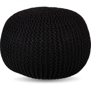 Pouf Relaxdays, tricot&eacute;, HxP : 33 x 46 cm, rembourrage en polystyr&egrave;ne, coussin de sol rond, tabouret Boho, pouf, noir
