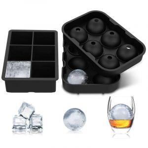 Lot de 2 Grands bacs à Glaçons en Silicone avec Couvercle, 1 bac à Glaçons Carré et 1 Moule à Boule de Glace pour Cocktail, Mojito, Whisky,