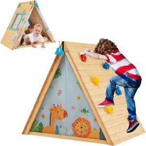 GOPLUS Tente de Jeux Triangulaire Maison de Jeux pour Enfants 3-8 Ans et Escalade Tente de Jeux en Bois avec Mur d'escalade, Cloche Suspendue,