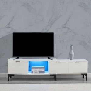 Clipop - Meuble tv brillant avec éclairage led 120 cm - 170 cm - Extensible - Avec 3 tiroirs - Luminaires et pieds en métal - Table tv - Meuble tv