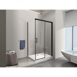 Douche d'angle avec paroi lat&eacute;rale fixe et porte frontale avec fermeture douce amortie h 200 8 mm cadre noir mat Cm 120 (118-120) x 120 (117-120)