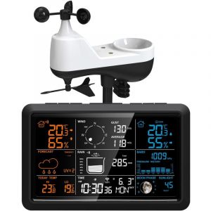 Station M&eacute;t&eacute;o avec pluviom&egrave;tre et an&eacute;mom&egrave;tre sans Fil int&eacute;rieur ext&eacute;rieur 5 en 1 Pr&eacute;visions m&eacute;t&eacute;o num&eacute;riques Humidit&eacute; Phase de Lune Lumi&egrave;re du Soleil