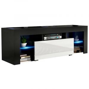 Dusine - Meuble tv spider a led en mat Noir avec porte Blanc Laqué 130 cm