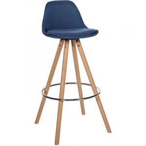 Décoshop26 - Tabouret de bar chaise haute x1 repose-pieds style scandinave en tissu bleu structure en bois clair rond 100004636