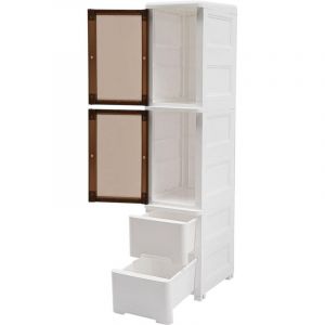 Petit Meuble de Rangement &agrave; 4 Niveaux avec 2 Tiroirs et 2 Compartiments, Armoire de salle de bain, &Eacute;tag&egrave;re &Eacute;troite en Plastique Polypropyl&egrave;ne,