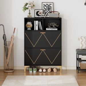 Meuble &agrave; chaussures 80x25x117 cm - 2 portes, 4 casiers et 2 &eacute;tag&egrave;res - MDF et m&eacute;tal - Rangement entr&eacute;e moderne